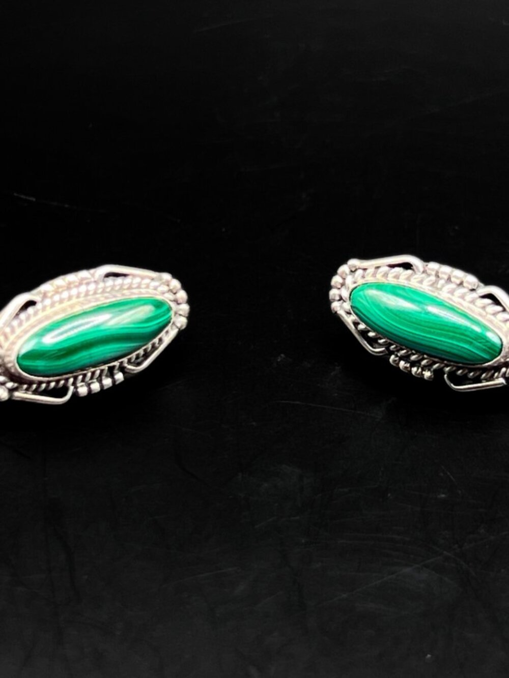 Vintage Native American Sterling Silver and Green Malachite Post Earrings - Picture 5 of 9
